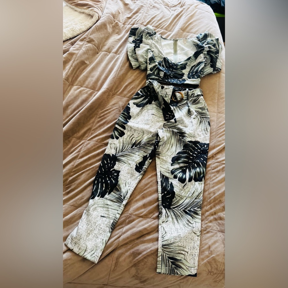 Tropical Print High-Waist Pants & Crop Top Set - Black  green & Cream